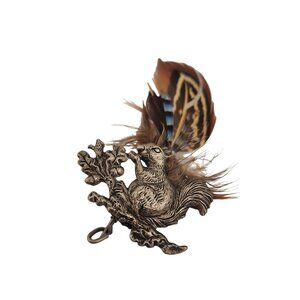 Super Cute European Silvertone Squirrel with Feathers Safety Pin Style Brooch (A